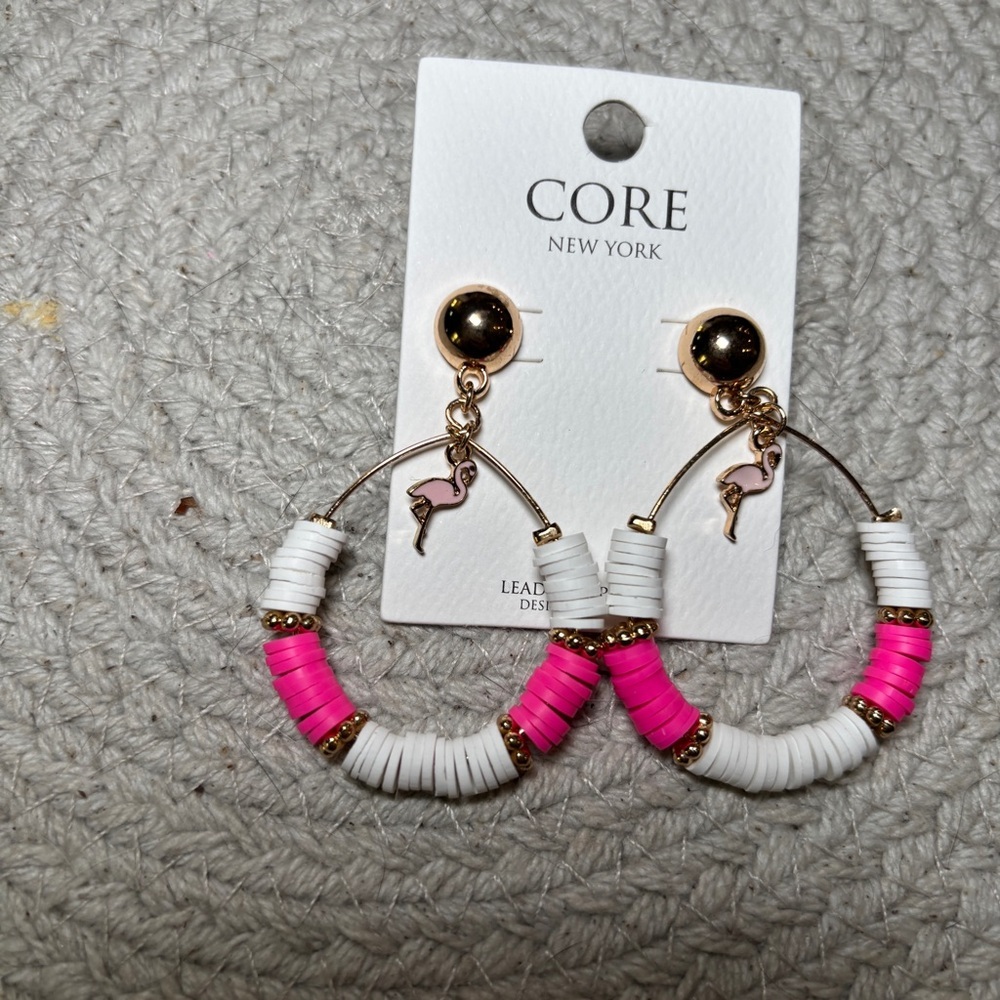 Core New York Pink and White Hoop Earrings Flamingo 1.5”‎ diameter